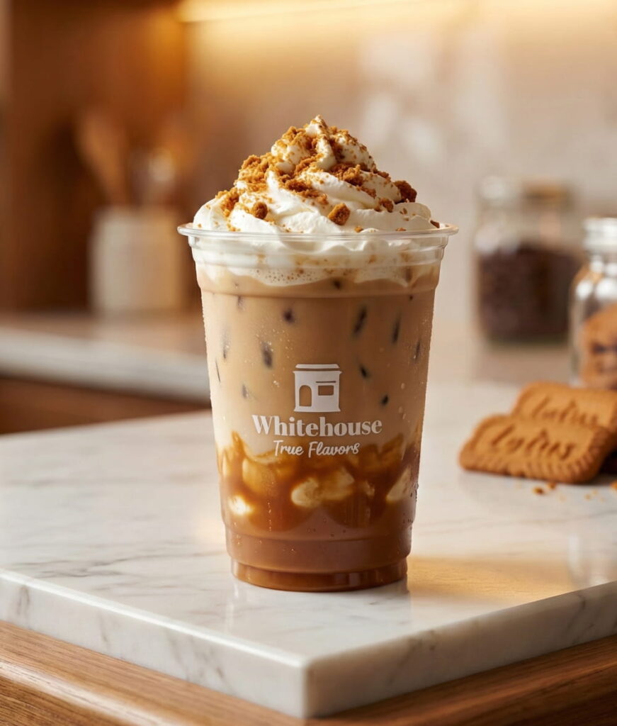 Iced Biscoff Latte with whipped cream and Lotus cookie butter crumbs